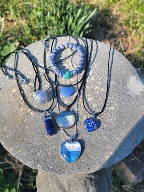 Handcrafted Set Of 7 Blue Beach-Themed Heart  Pendant Necklace and Bracelet Set